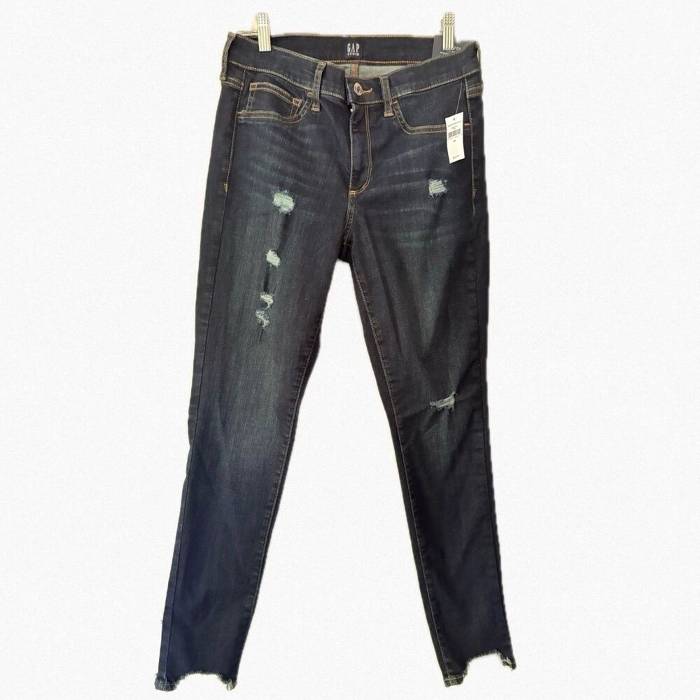 Gap Dark Indigo Mid Rise Distressed Skinny Jeggings NWT Raw Curved Hem Jean 29 R